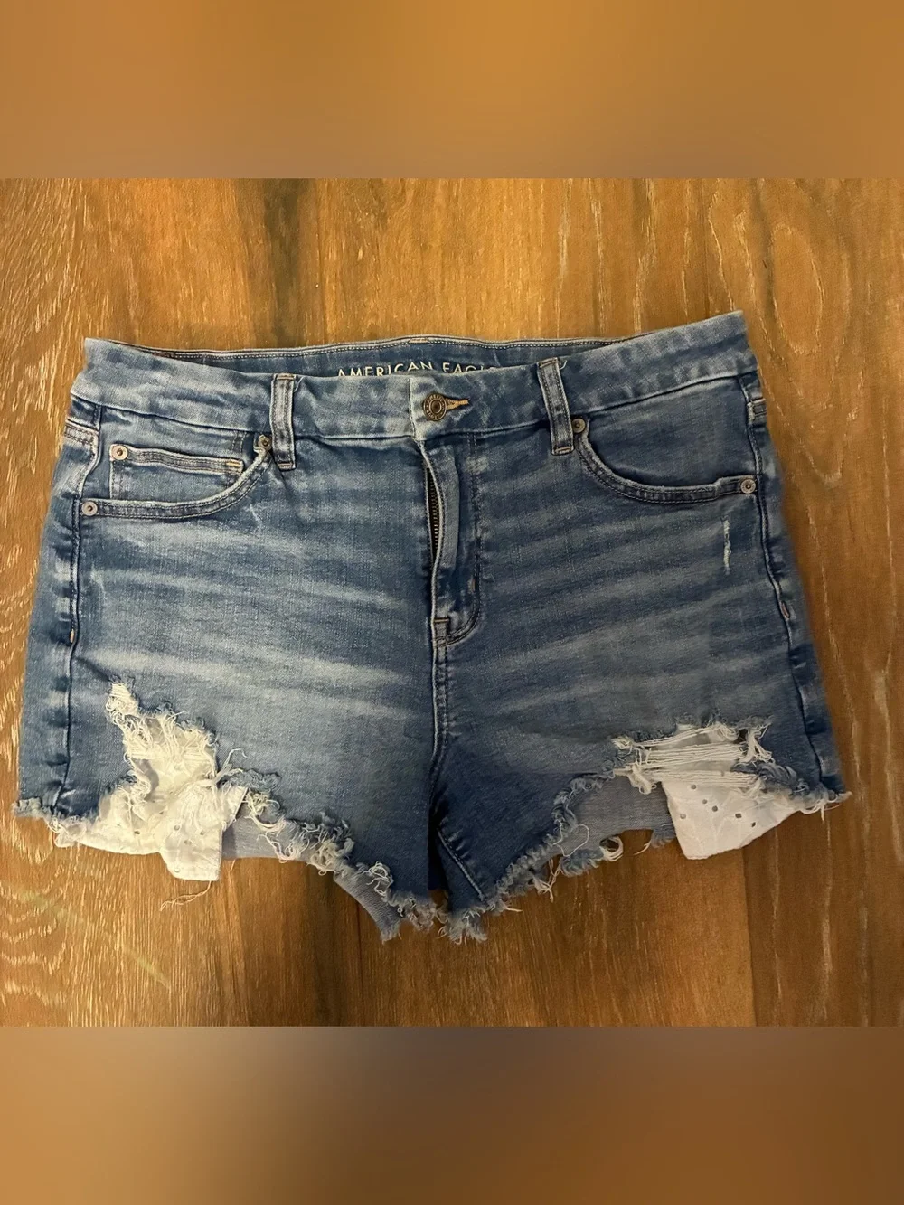 American Eagle Outfitters Light Blue Ripped Denim Shorts with Lace Trim